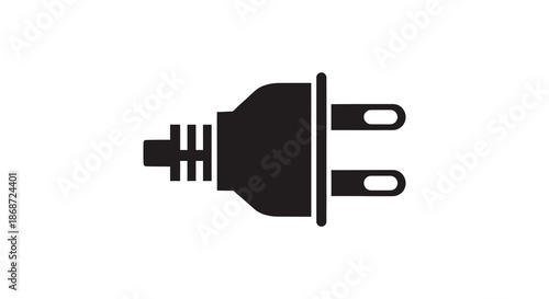 A simple black outline of an electrical plug displaying prongs and housing silhouette