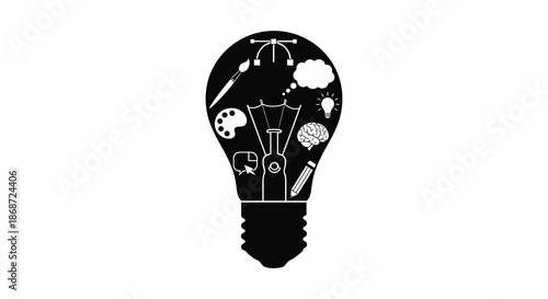 A dark lightbulb shape containing creative tools and a brain representing innovative ideas silhouette