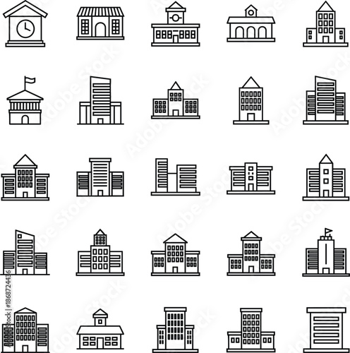 Architectural line icons set featuring government buildings banks schools office skyscrapers police stations museums and urban infrastructure symbols.