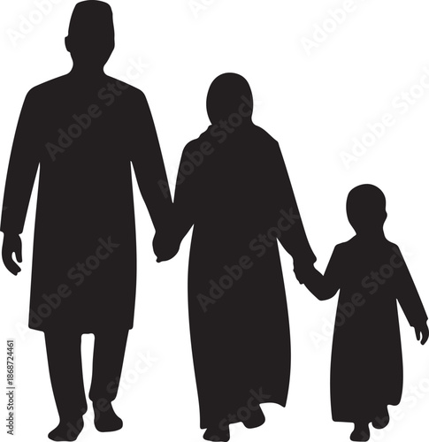 Silhouette of a Muslim family, a father, mother, and child, walking together holding hands