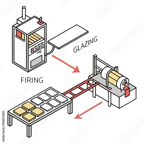 Industrial Ceramic Tile Manufacturing Line Illustrating Mechanical Pressing and Automated Glazing Stages