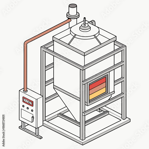 High Temperature Glass Melting Furnace System for Industrial Manufacturing and Raw Material Processing, Flat Vector Design