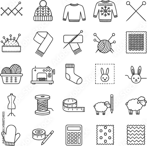 Knitting and sewing line icons featuring woolen sweaters beanies yarn balls knitting needles sewing machines and sheep symbols.