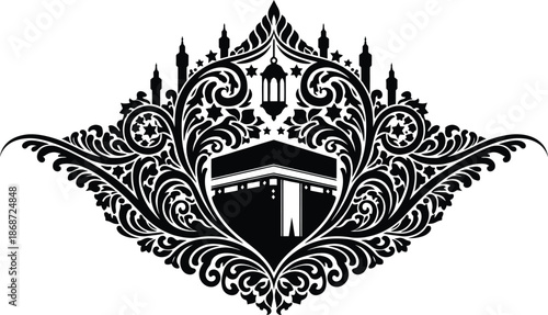 Kaaba Mecca Islamic Vector Illustration with Ornate Floral Vintage Frame and Hanging Lanterns for Hajj.