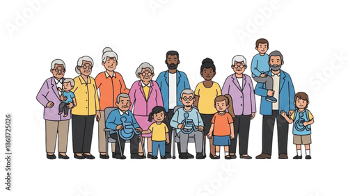 Diverse group of people of different ages standing together in a community setting
