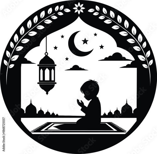 Muslim Boy Praying Silhouette on Rug with Hanging Lantern and Mosque Background Vector Illustration.
