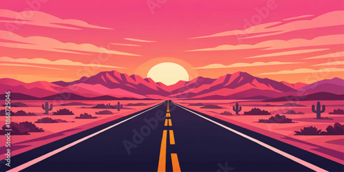 An endless asphalt highway stretches through a vast desert landscape toward majestic mountains under a vibrant sunset sky, marking the start of a scenic nature journey