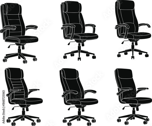 Office chairs, ergonomic design, black seats, armrests, wheels, headrest, cushion, furniture set, workplace, flat vector illustration