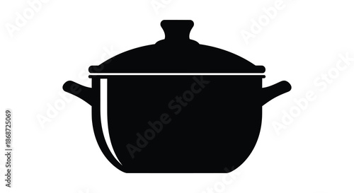 A simple black silhouette of a cooking pot with a lid and handles kitchenware silhouette