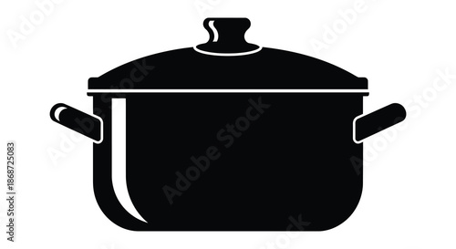 A simple black and white illustration of a cooking pot with handles a lid and a silhouette