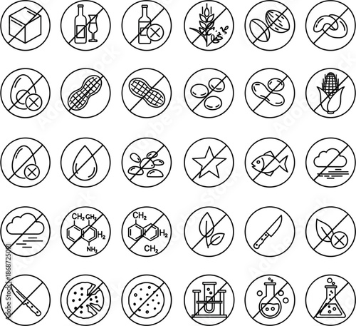 Dietary allergens and safety line icons set featuring gluten free nut free alcohol free and chemical warning symbols.