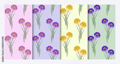 A set of 4 seamless patterns with turquoise, yellow, blue, and lilac crocuses