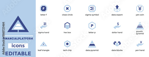 Financial Platform and Business Growth Icon Set. Currency, Data Analytics, Investment, and Geometric Tech Vector Symbols.
