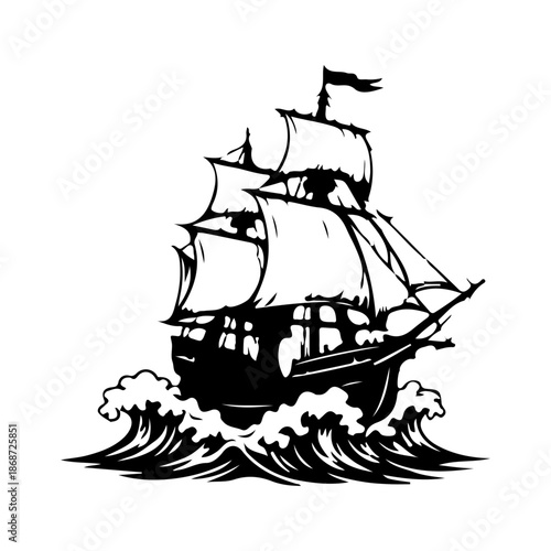 Vintage sailing ship on ocean waves silhouette, antique tall ship vector illustration, nautical maritime vessel mascot, black and white pirate galeon emblem isolated on white background