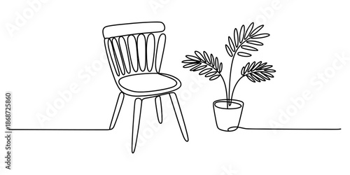 A simple line art drawing of a chair and a potted plant Vector, illustration