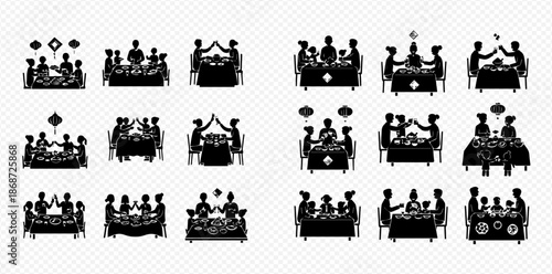 Set of black silhouettes showing people dining together at tables, celebrating and enjoying meals.