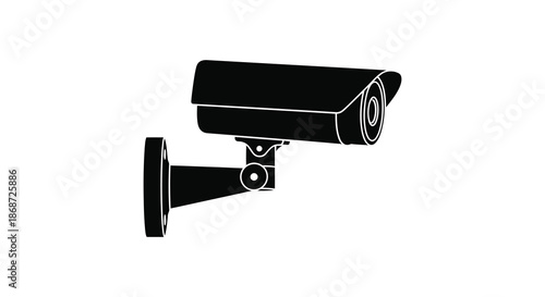 A detailed black and white illustration of a security camera mounted on a wall silhouette