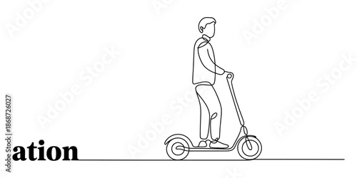 A man riding an electric scooter with the word 'ation' in the foreground Vector, illustration