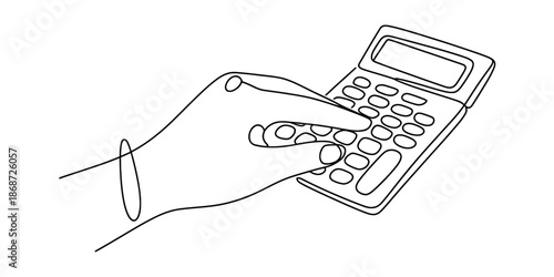 Hand operating a simple calculator with fingers pressing buttons Vector, illustration