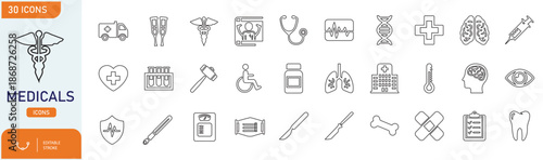 Medical Icons Vector Set of 30 Healthcare Symbols Including Hospital, Doctor, Medicine, Ambulance, DNA, Heart, Lungs, Brain, Injection and Medical Equipment for UI, App, Web and Infographic Design