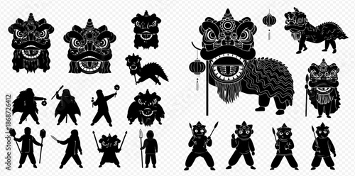 Chinese New Year Lion Dance and Dragon Dance Silhouettes with Performers.