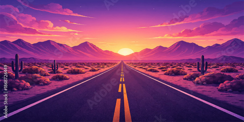 An empty asphalt highway winds through a scenic mountain valley toward the horizon under a sunset sky during a desert road trip in California