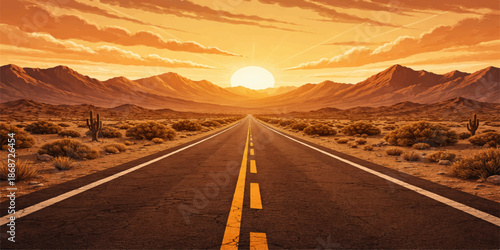 An empty asphalt highway stretches across a scenic desert landscape toward a long mountain range under a clear sky on a journey through a USA national park valley
