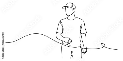 A continuous line art drawing of a man wearing a cap and t-shirt standing casually Vector, illustration