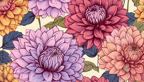  Seamless pattern with hand drawn dahlia flowers