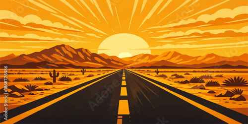 An empty asphalt highway stretches across the desert landscape toward a glowing sunset horizon, capturing a lonely journey along a rural travel route under a vast sky