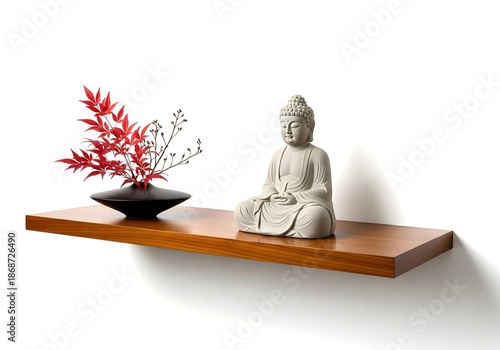 Buddha statue and red plant on wooden shelf isolated on white background