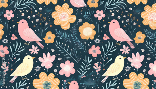 Vector illustration of a seamless floral pattern with cute birds in spring for Wedding