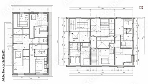 Detailed floor plans of a residential building showcasing architectural design and layout