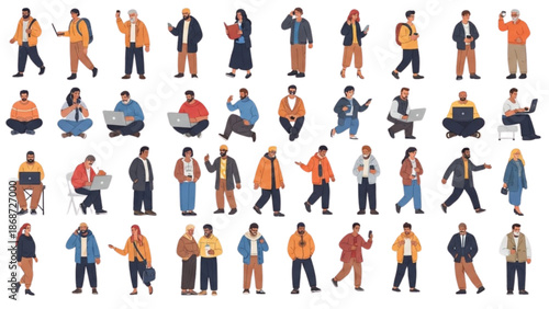Diverse group of people in various poses and attire gathered together in a flat illustration style