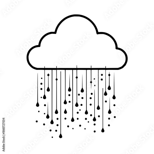 Stylized cloud outline with raindrops and small dots in a simple black and white weather illustration
