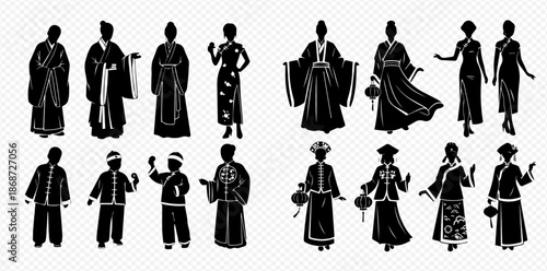 Silhouettes of traditional Chinese clothing for men, women, and children, showcasing cultural heritage and historical fashion styles.
