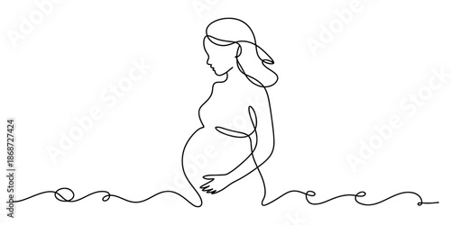 Continuous line drawing of a pregnant woman holding her belly, representing motherhood Vector, illustration