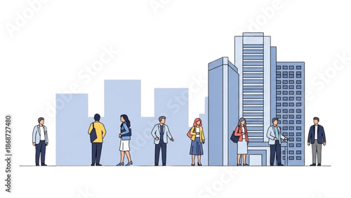 People waiting in line in front of a modern cityscape with tall buildings
