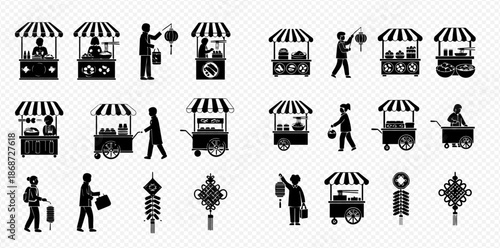 Set of street vendors and market stalls with traditional Asian decorations, black and white silhouettes.