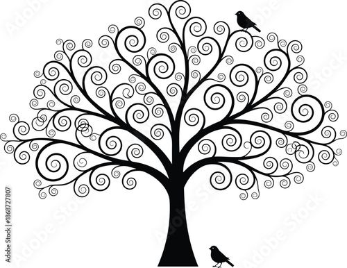 Decorative swirling tree silhouette with birds, elegant nature inspired vector illustration for wall art, logo design, seasonal decor, storytelling concepts, and organic graphic backgrounds