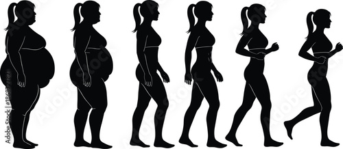 Female body transformation silhouette vector illustration showing weight loss progress from overweight to fit active lifestyle, health improvement, exercise journey, and wellness motivation concept