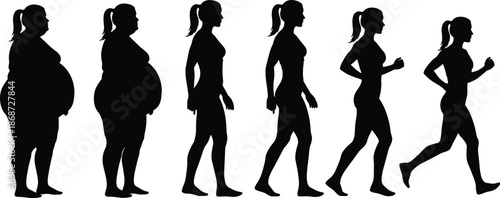Female weight loss and fitness transformation silhouette vector illustration showing body shape change from overweight to healthy active lifestyle, wellness journey, and exercise progress concept