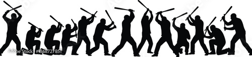 Group violence and riot silhouettes vector illustration showing aggressive crowd confrontation with sticks, social unrest, chaos, protest conflict, and dangerous mob behavior concept