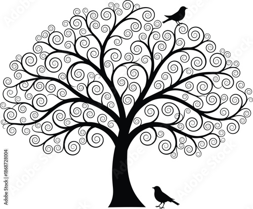 Ornamental swirling tree silhouette with birds, elegant black vector illustration for nature themed wall art, logo design, storytelling concepts, and decorative graphic backgrounds