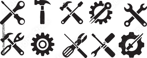 Tools and Service icons set. Wrench, screwdriver and gear icon. Screwdriver and wrench glyph icon. Settings and repair, service sign - stock vector.