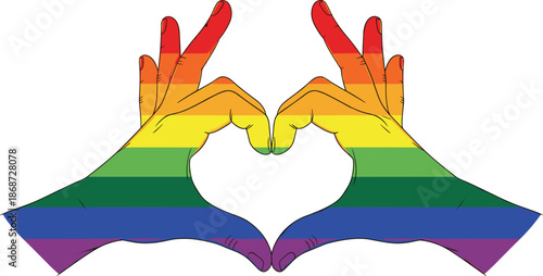 Rainbow pride hands forming heart shape vector illustration symbolizing love, equality, diversity, and inclusion, colorful human gesture design for LGBTQ themes and awareness campaigns