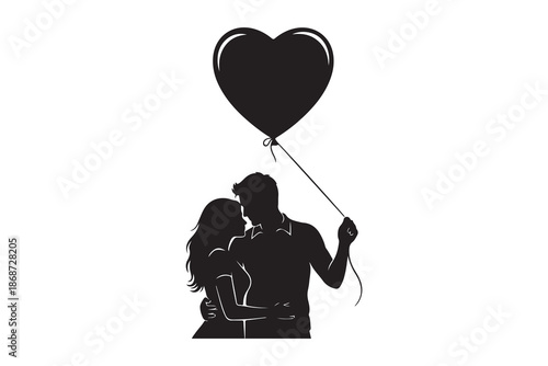 A loving couple silhouetted with a heart shaped balloon floating above them