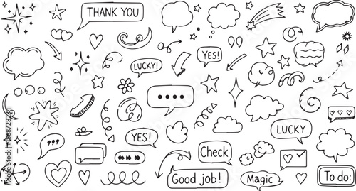 Hand drawn doodle set with speech bubbles stars arrows and various design elements.