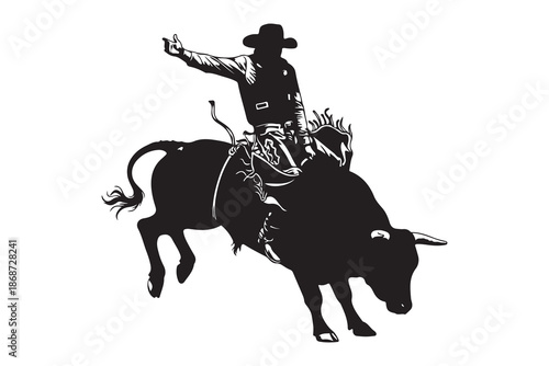 A cowboy skillfully riding a bucking bull in a dynamic silhouette