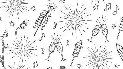 Hand drawn seamless pattern of New Year celebration elements.